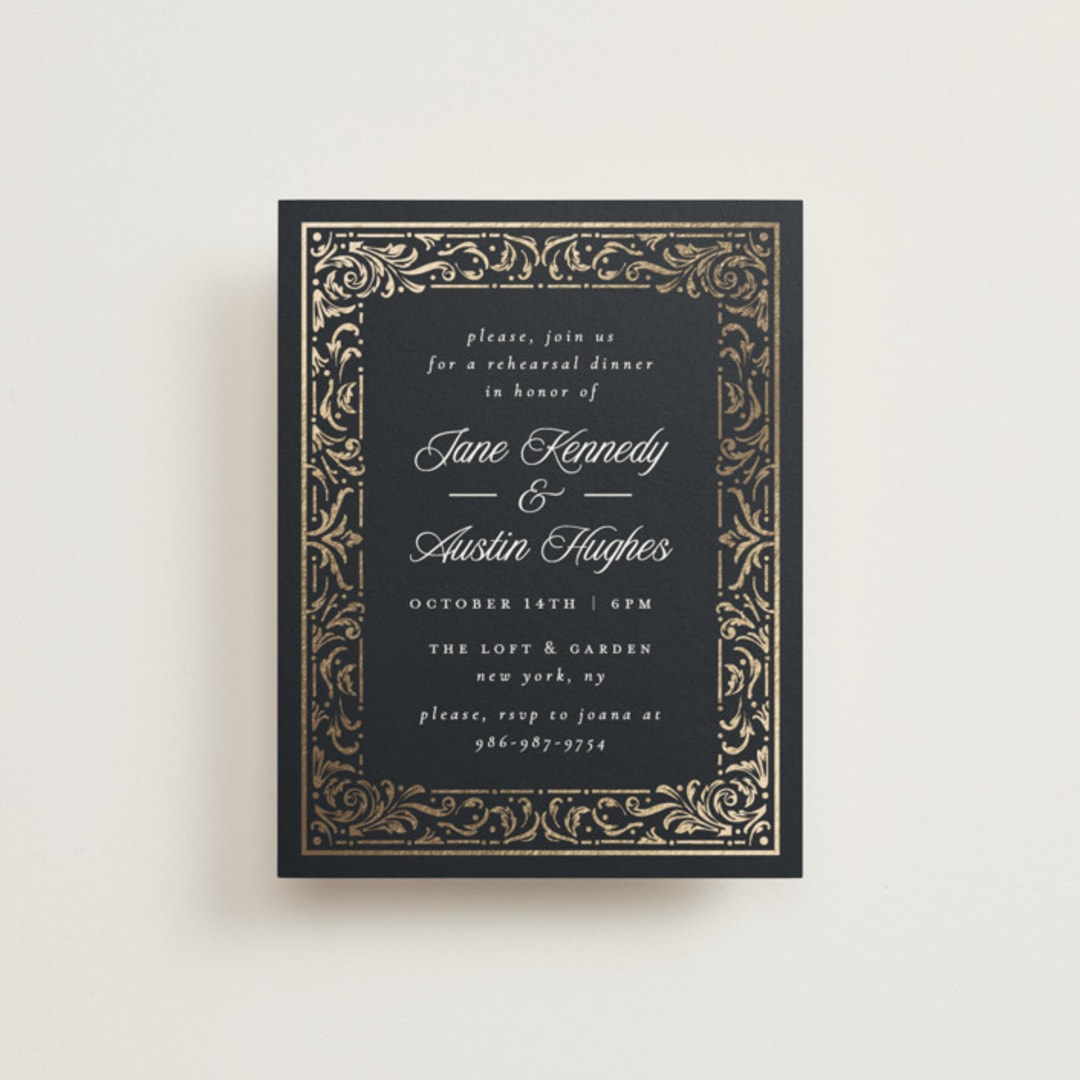 "Regency Grace" - Foil-Pressed Rehearsal Dinner Cards in Onyx by Ana de Sousa - Front