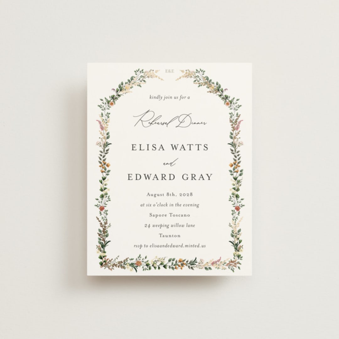 "Blooming Vine" - Foil-Pressed Rehearsal Dinner Cards in Blush by Susan Moyal - Front
