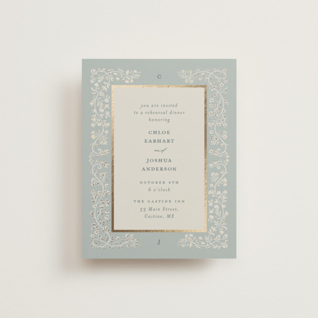 "Floral Romance" - Foil-Pressed Rehearsal Dinner Cards in Something Blue by Gwen Bedat - Front