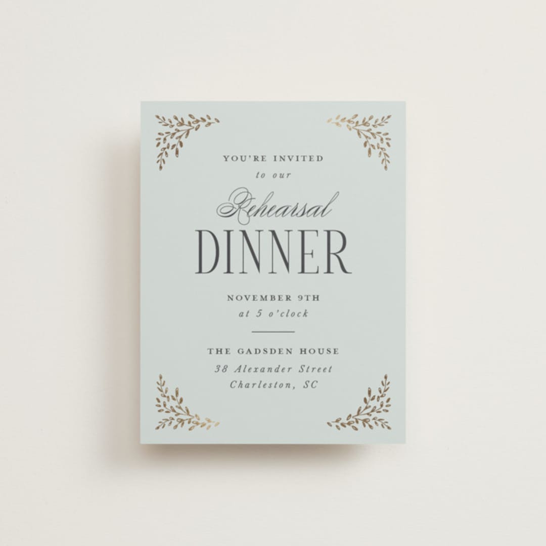 "Enchanted" - Foil-Pressed Rehearsal Dinner Cards in Mist by Laura Hankins - Front