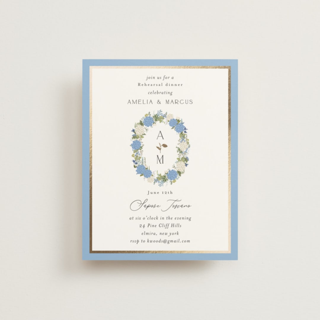 "Garden Whisper" - Foil-Pressed Rehearsal Dinner Cards in Coastal by Susan Moyal - Front