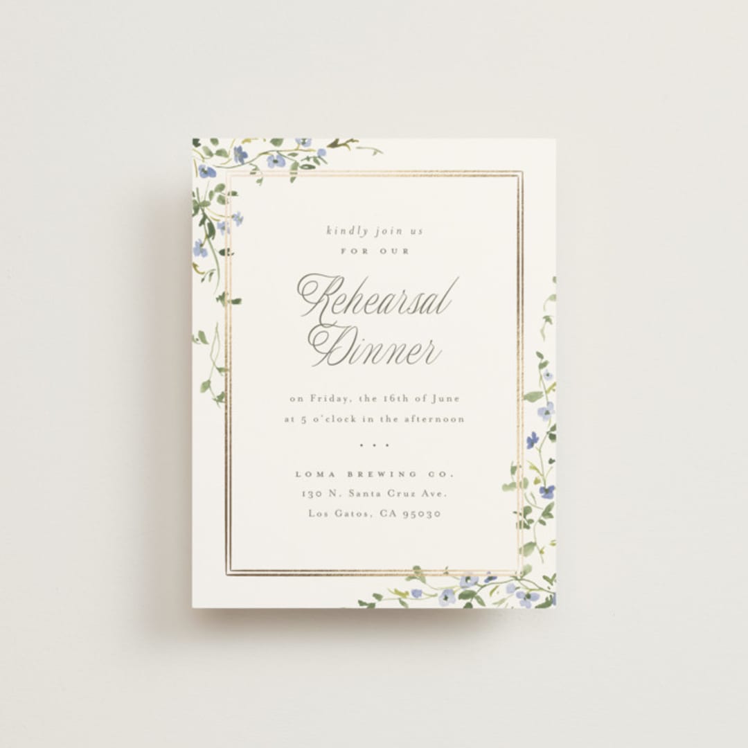 "Flowering Vine" - Foil-Pressed Rehearsal Dinner Cards in Bluebell by Everett Paper Goods - Front