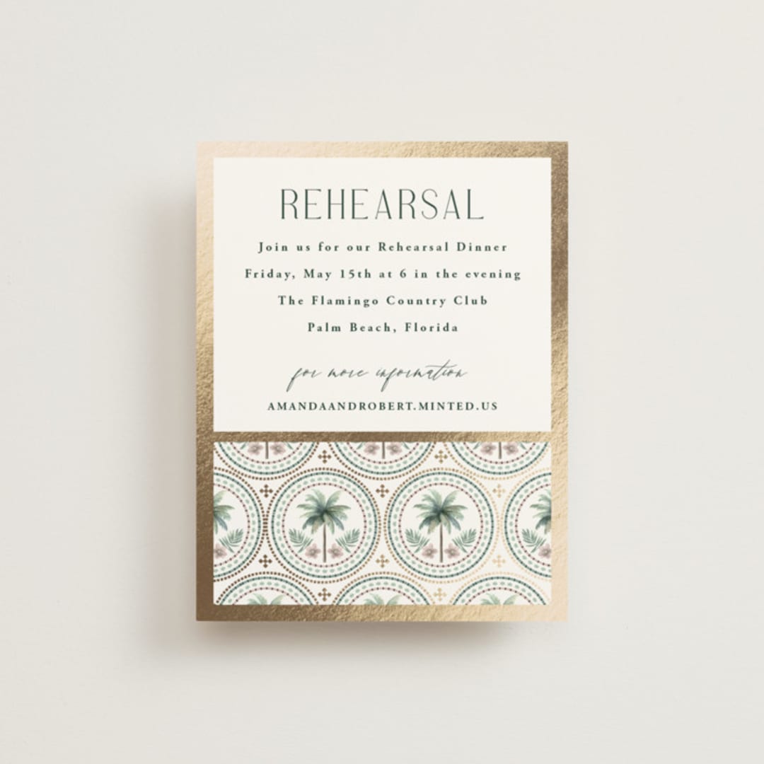 "Vintage Palms" - Foil-Pressed Rehearsal Dinner Cards in Sand by Maria Alou - Front