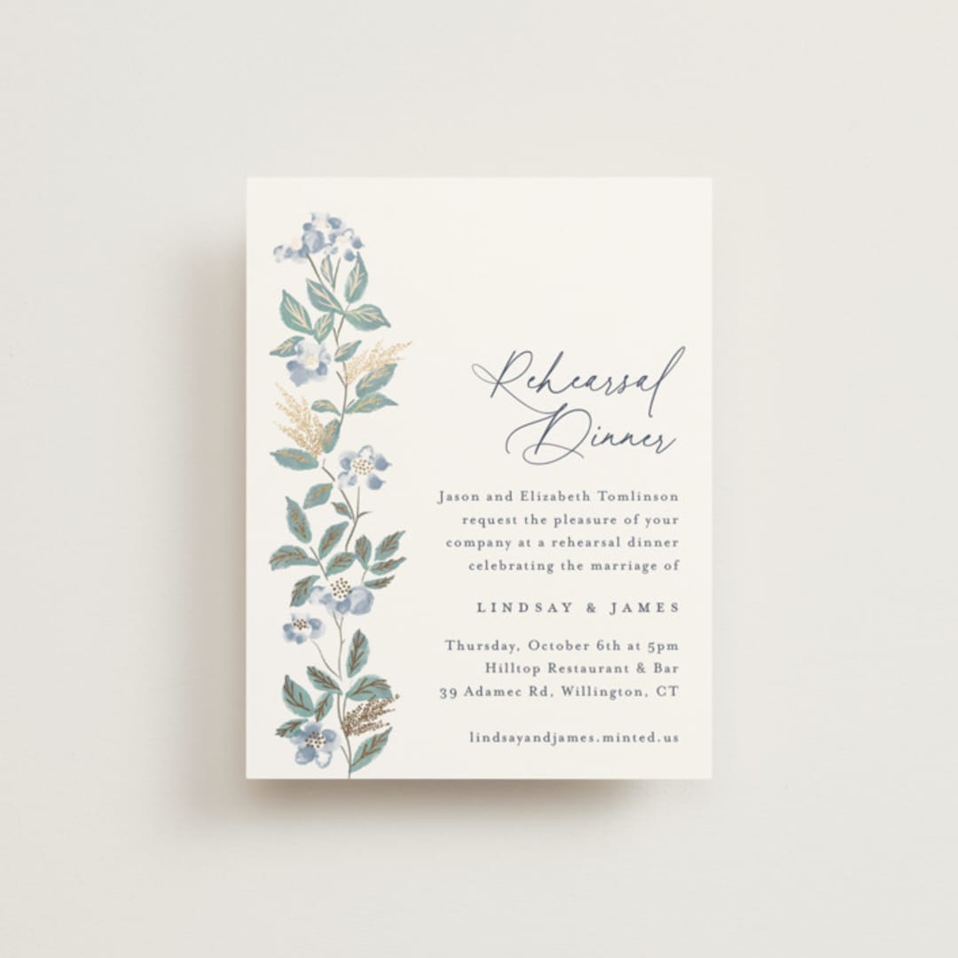 "Climbing Florals" - Foil-Pressed Rehearsal Dinner Cards in Sapphire by Olivia Raufman - Front