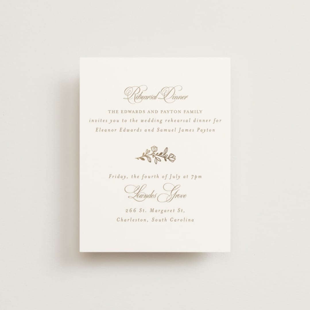 "Gold Crest" - Foil-Pressed Rehearsal Dinner Cards in Ivory by Mansi Verma - Front