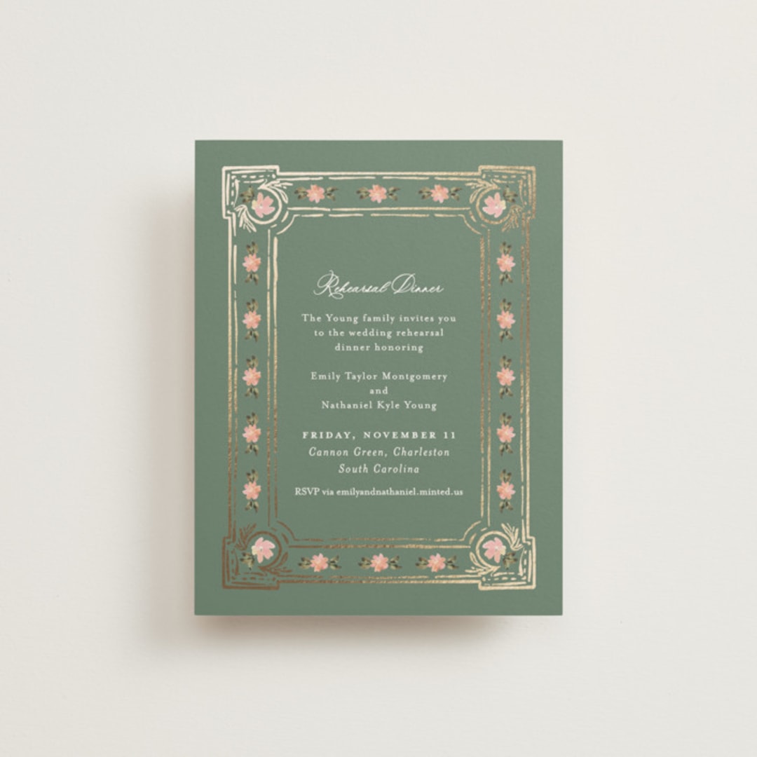 "Princess" - Foil-Pressed Rehearsal Dinner Cards in Pine by Claudia Orengo - Front