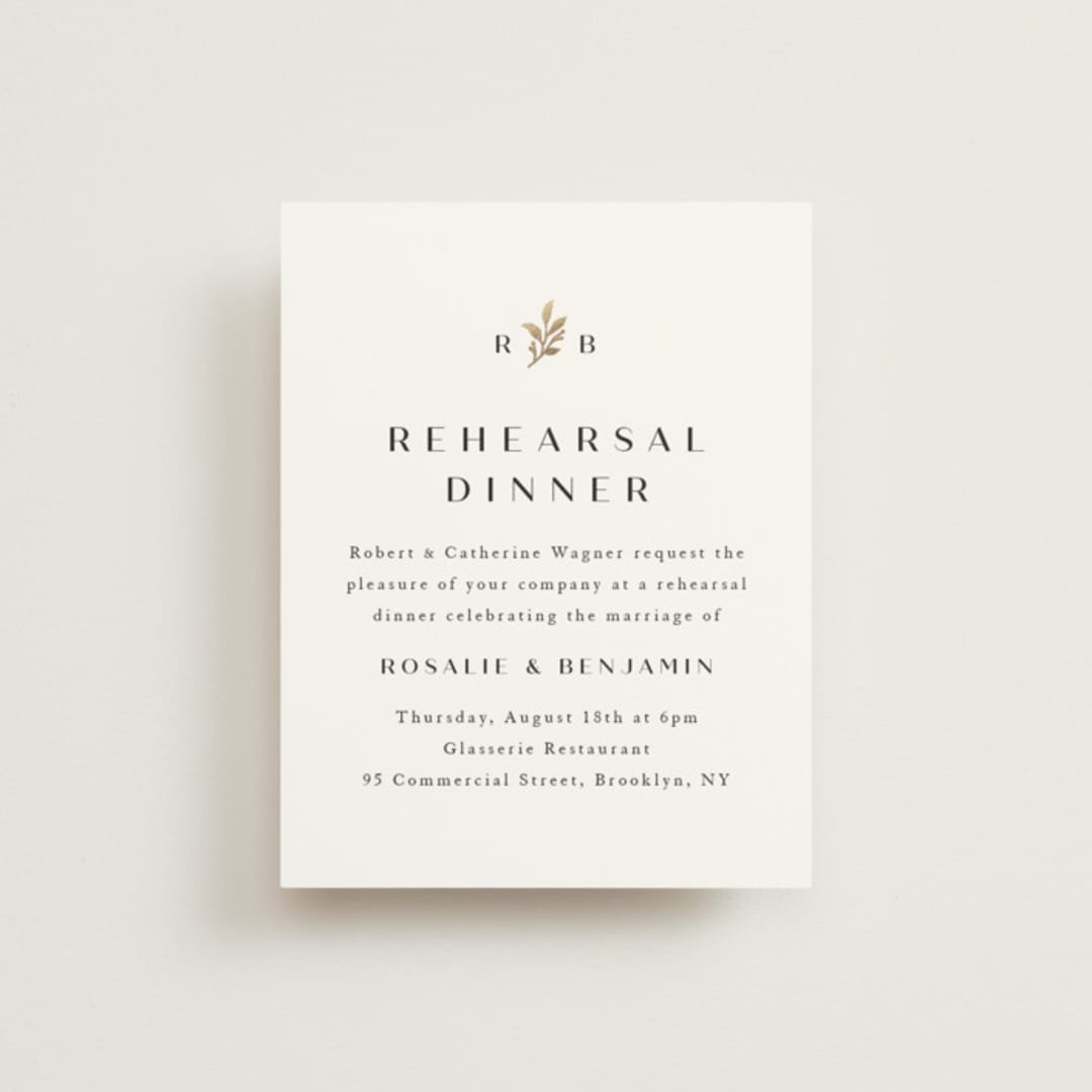 "Petite Sprig" - Foil-Pressed Rehearsal Dinner Cards in Black Dahlia by Olivia Raufman - Front