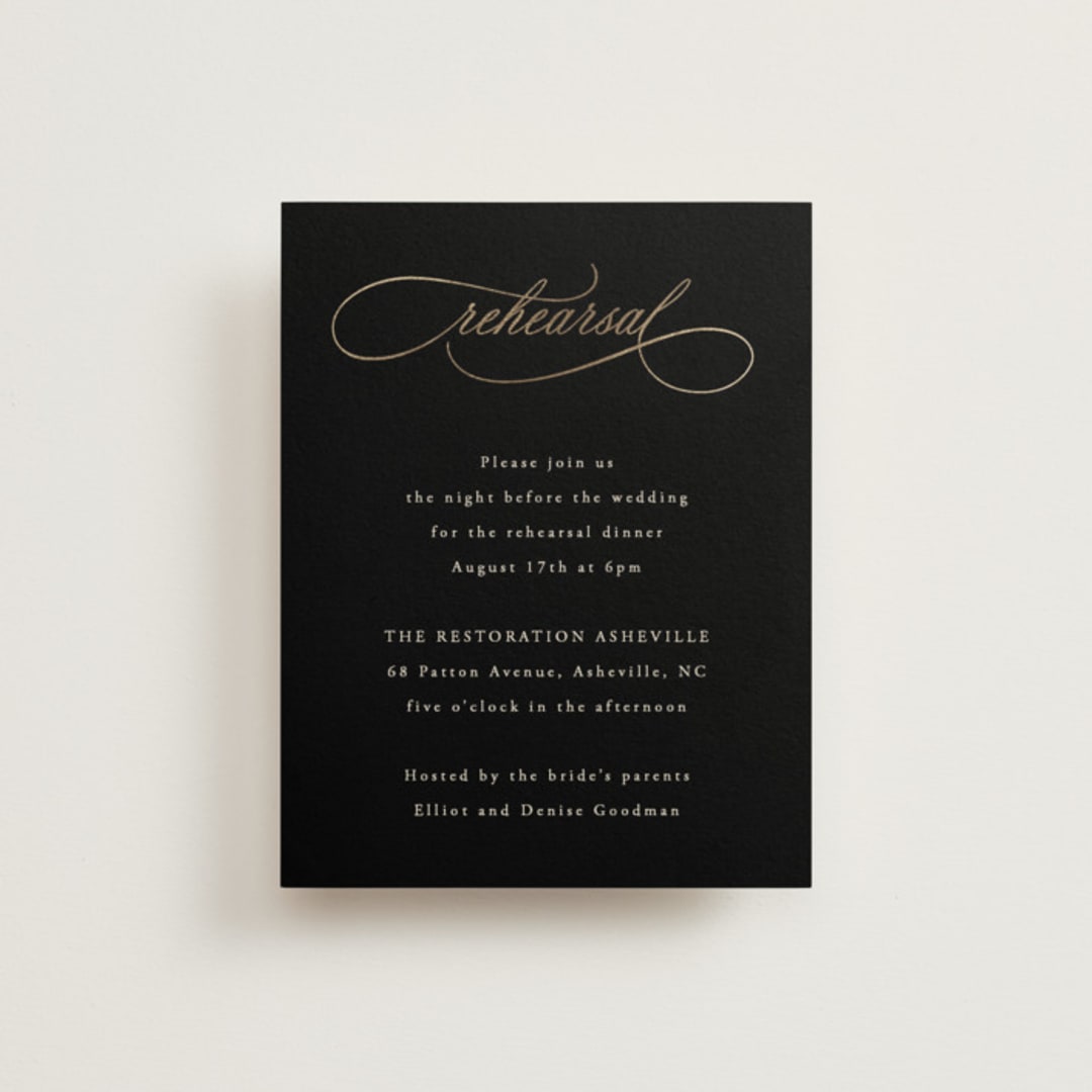 "Black Tie Affair" - Foil-Pressed Rehearsal Dinner Cards in Onyx by Hooray Creative - Front