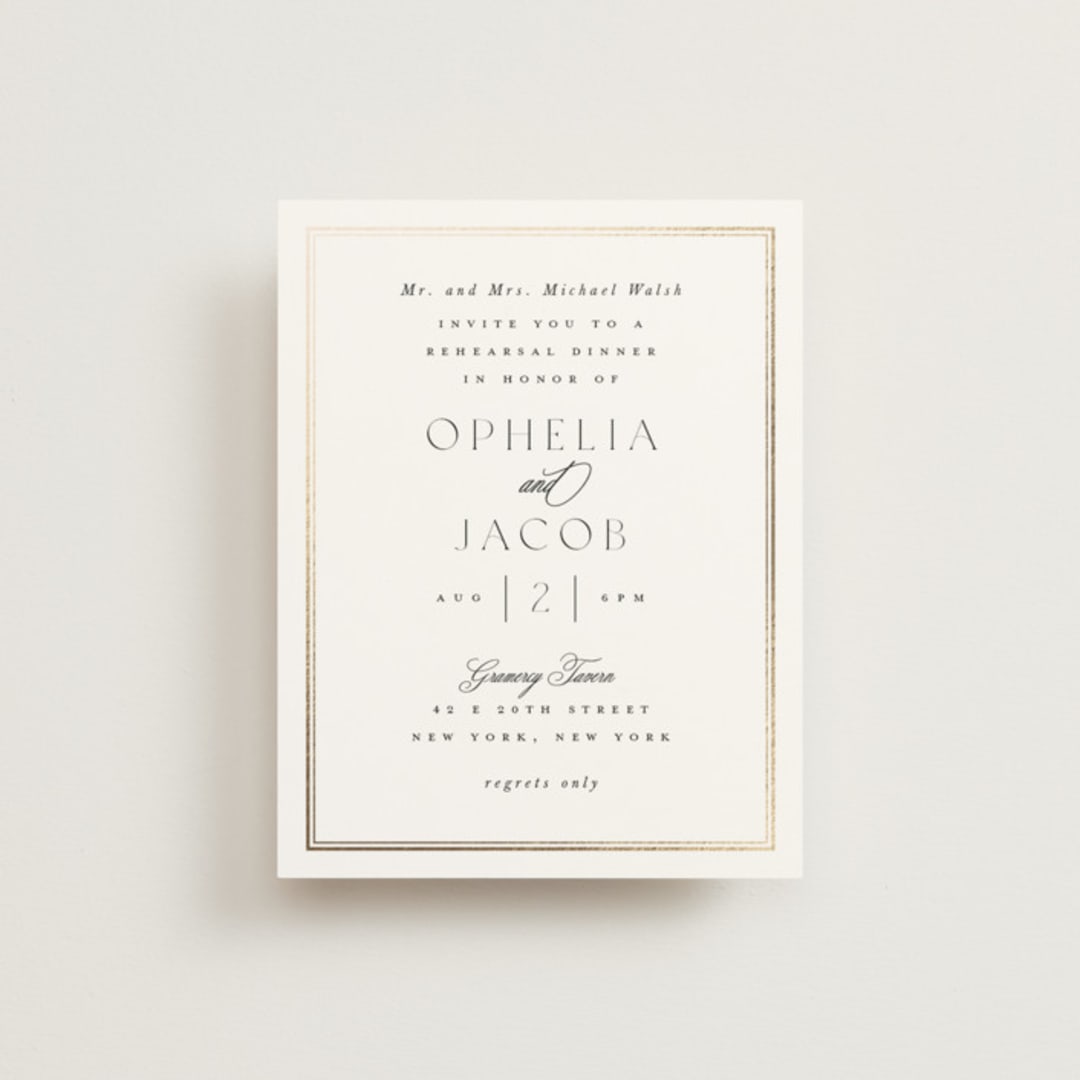 "Elegant Type" - Foil-Pressed Rehearsal Dinner Cards in Pearl by Leah Bisch - Front