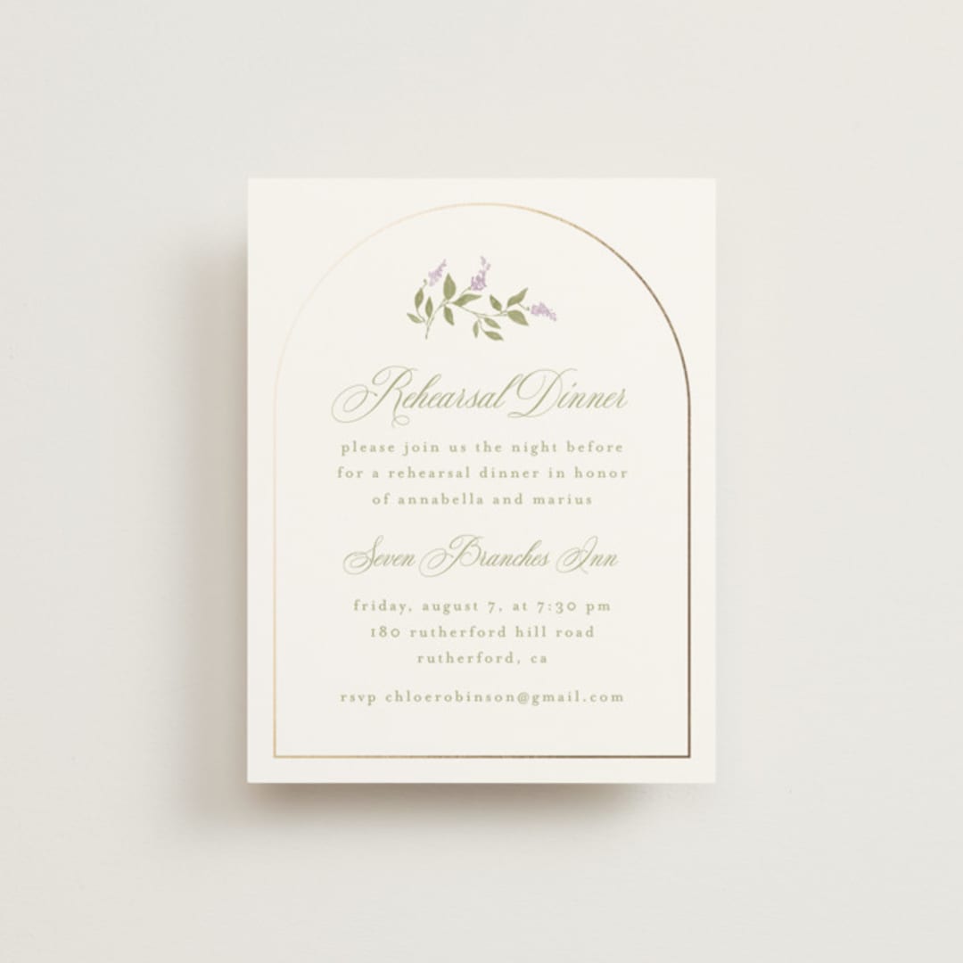 "Marmont" - Foil-Pressed Rehearsal Dinner Cards in Lilac by Kristie Kern - Front