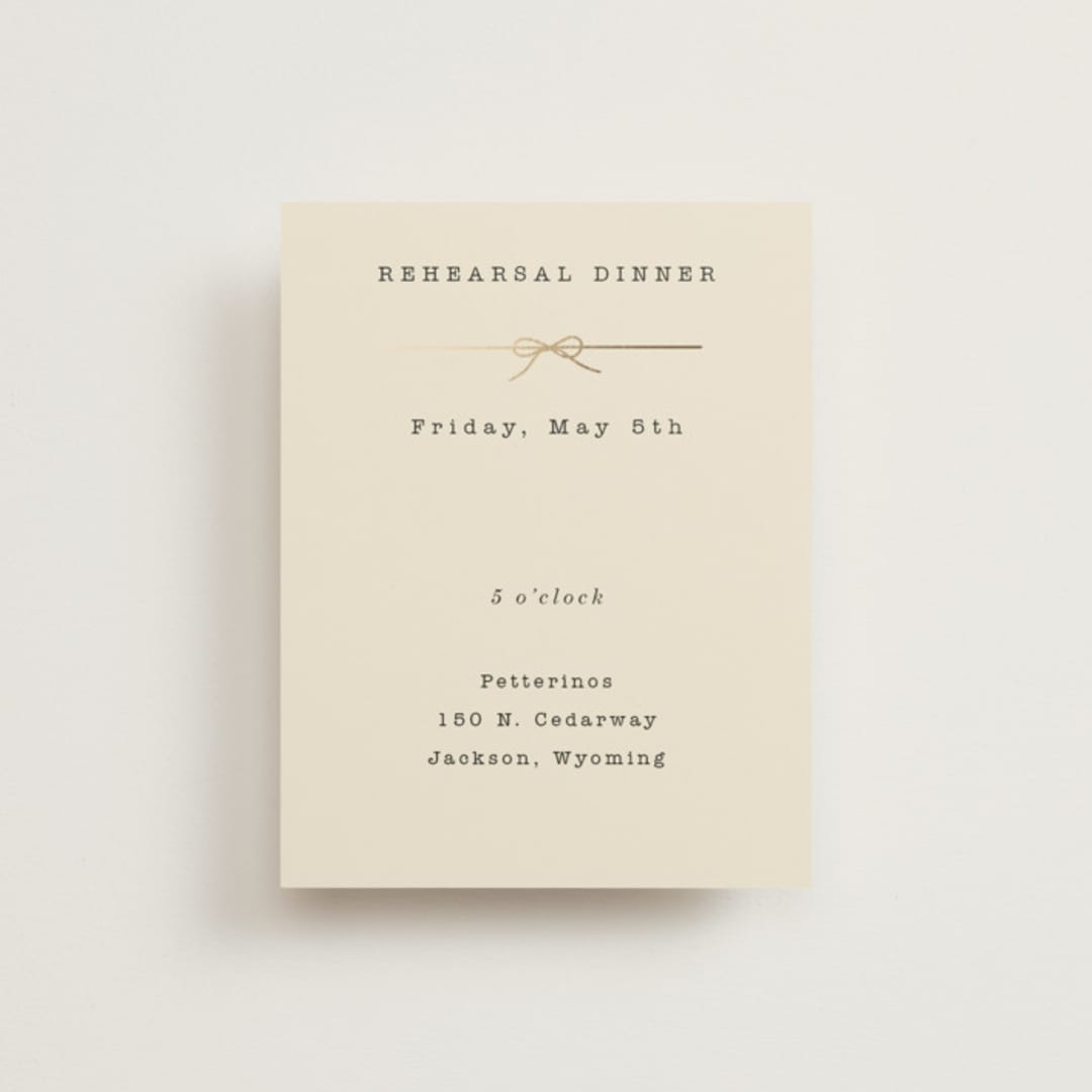 "Bow Tie" - Foil-Pressed Rehearsal Dinner Cards in Ivory by Baumbirdy - Front