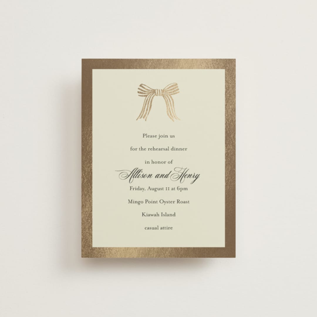 "All Tied Up" - Foil-Pressed Rehearsal Dinner Cards in Champagne by Chris Griffith - Front