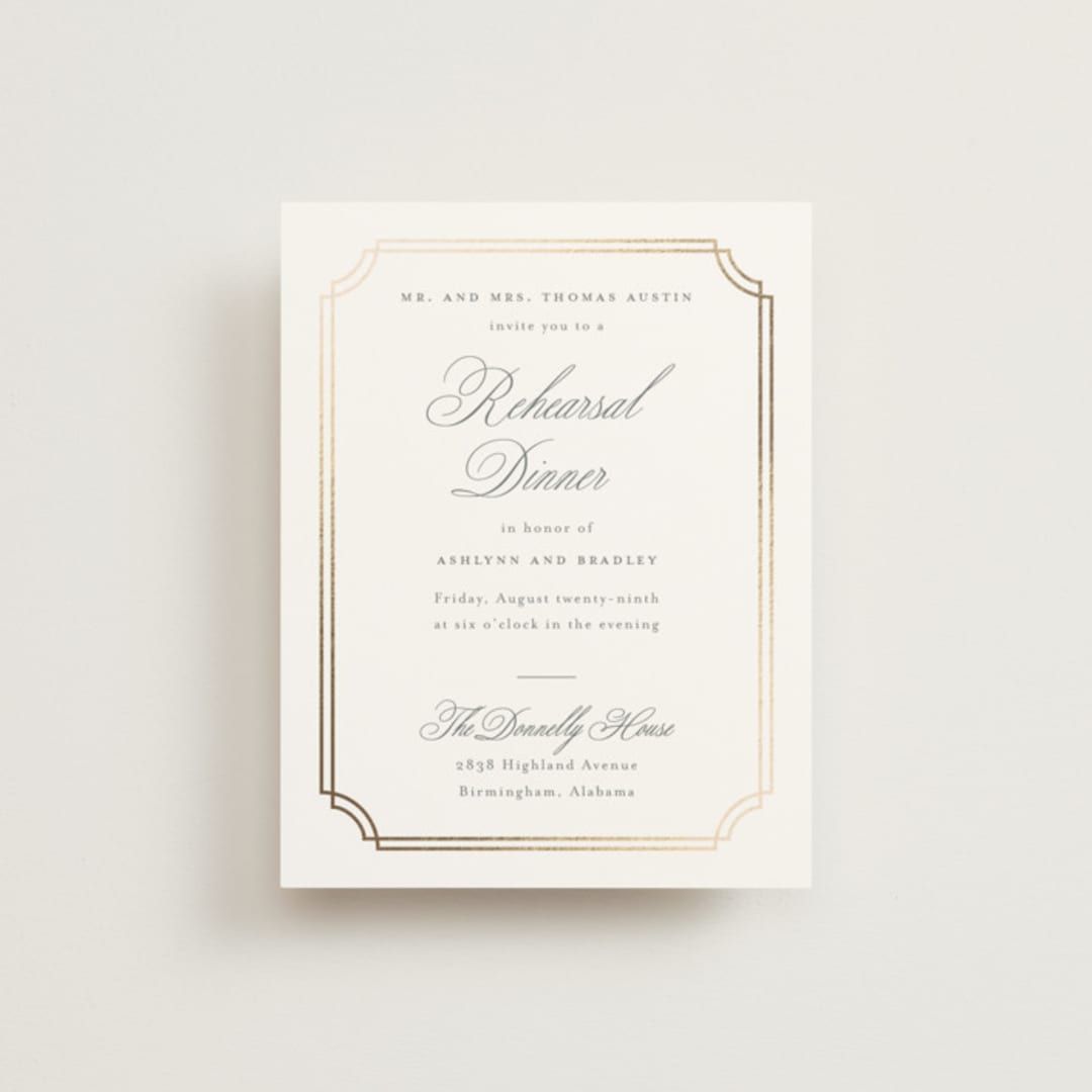 "Formally" - Foil-Pressed Rehearsal Dinner Cards in Mist by Sarah Brown - Front