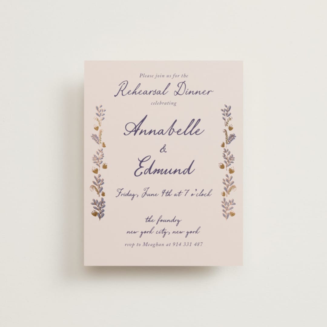 "Together in Bloom" - Foil-Pressed Rehearsal Dinner Cards in Wisteria by Monika Konieczna - Front