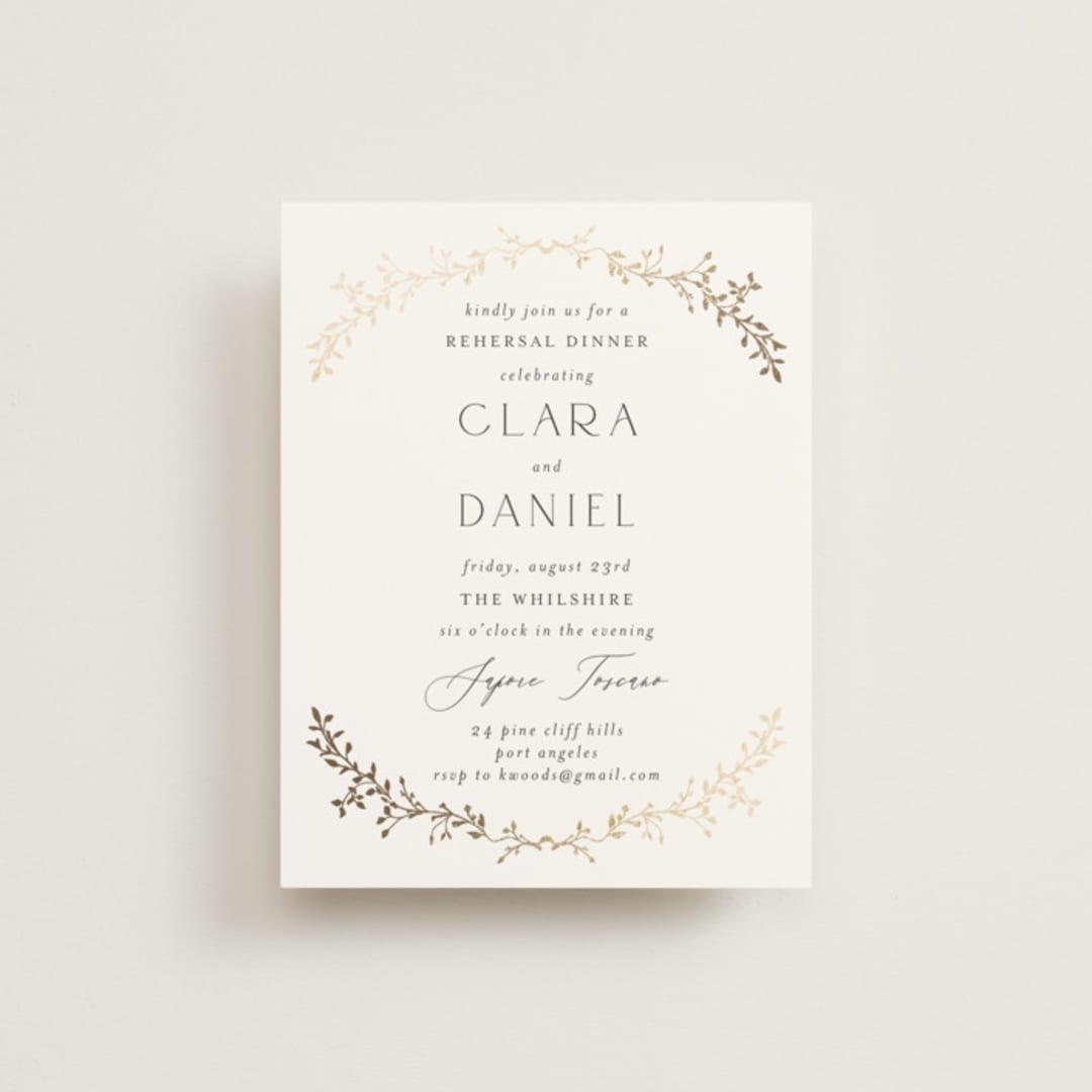 "Delicate Vine" - Foil-Pressed Rehearsal Dinner Cards in Alabaster by Susan Moyal - Front