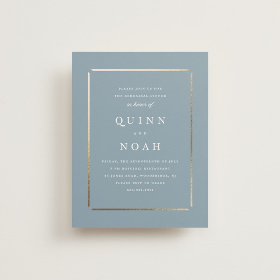 "Elegant bevel" - Foil-Pressed Rehearsal Dinner Cards in Dusty Blue by Stacey Meacham - Front