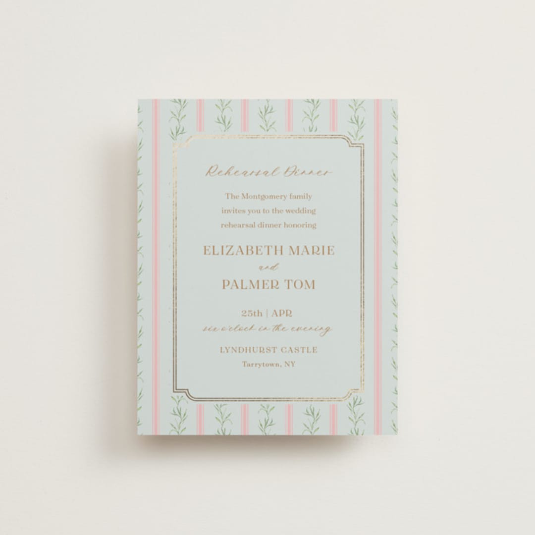"Castle" - Foil-Pressed Rehearsal Dinner Cards in Hummingbird by Claudia Orengo - Front