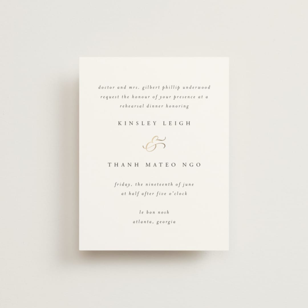 "You & Me" - Foil-Pressed Rehearsal Dinner Cards in Classique by Design Lotus - Front