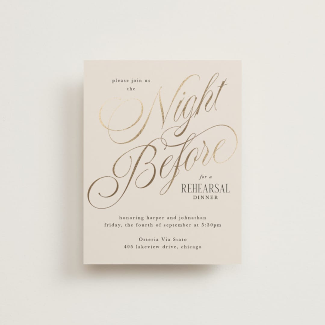 "Mirin" - Foil-Pressed Rehearsal Dinner Cards in Linen by Kate Ahn - Front
