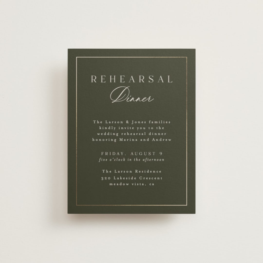 "refined" - Foil-Pressed Rehearsal Dinner Cards in Deep Olive by Nicole Walsh - Front