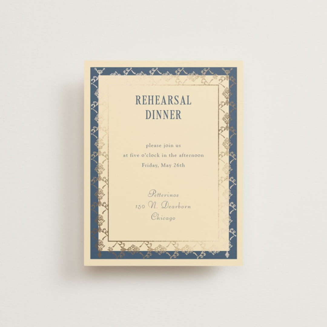 "Woven" - Foil-Pressed Rehearsal Dinner Cards in Navy by Baumbirdy - Front