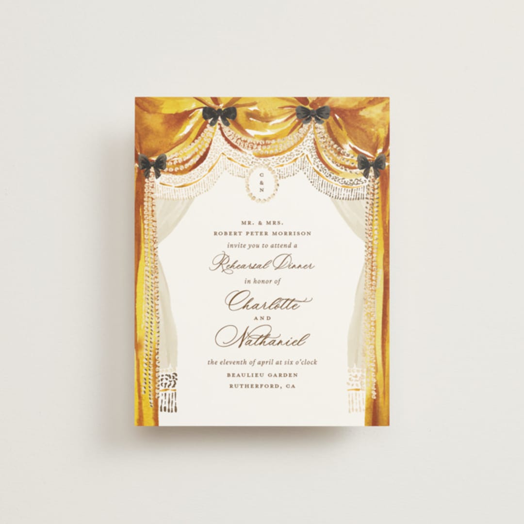 "Tuileries" - Foil-Pressed Rehearsal Dinner Cards in Golden by Claudia Orengo - Front
