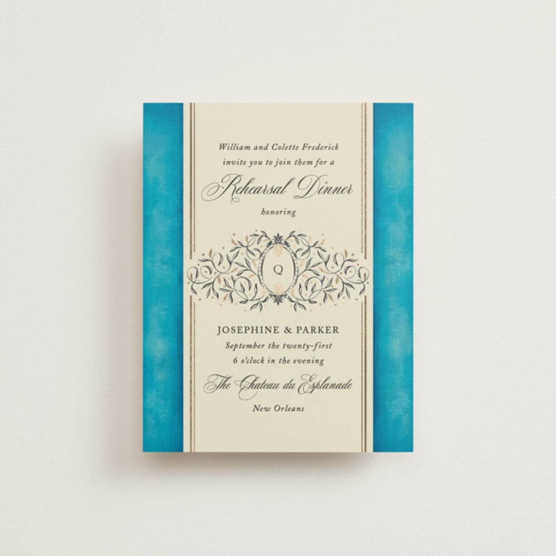 "Josephine" - Foil-Pressed Rehearsal Dinner Cards in Marine by Jackie Crawford - Front