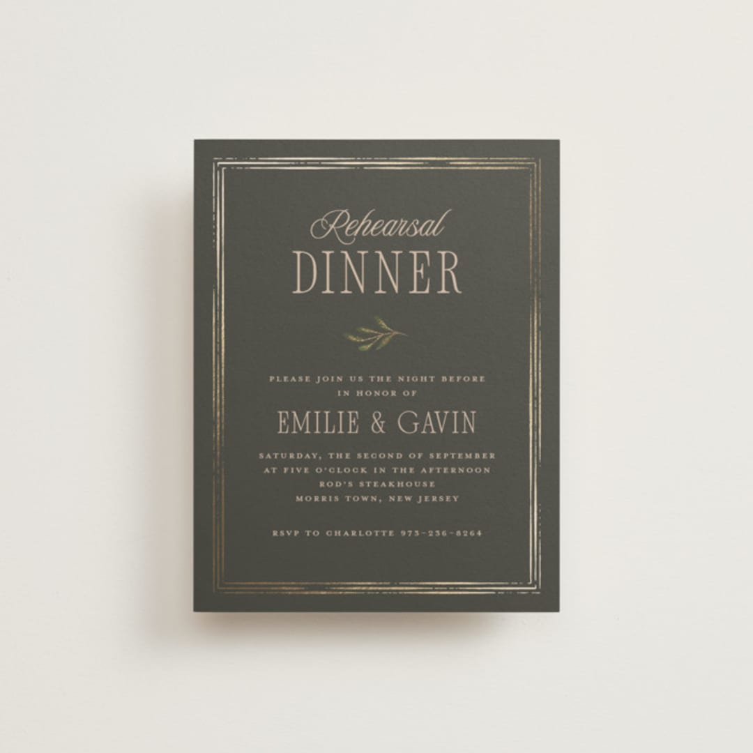 "Emilie" - Foil-Pressed Rehearsal Dinner Cards in Noir by Randi Cirelli - Front