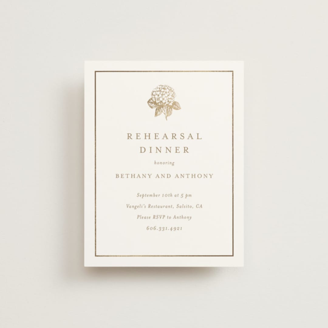"Hydrangea bloom" - Foil-Pressed Rehearsal Dinner Cards in Cotton by Stacey Meacham - Front