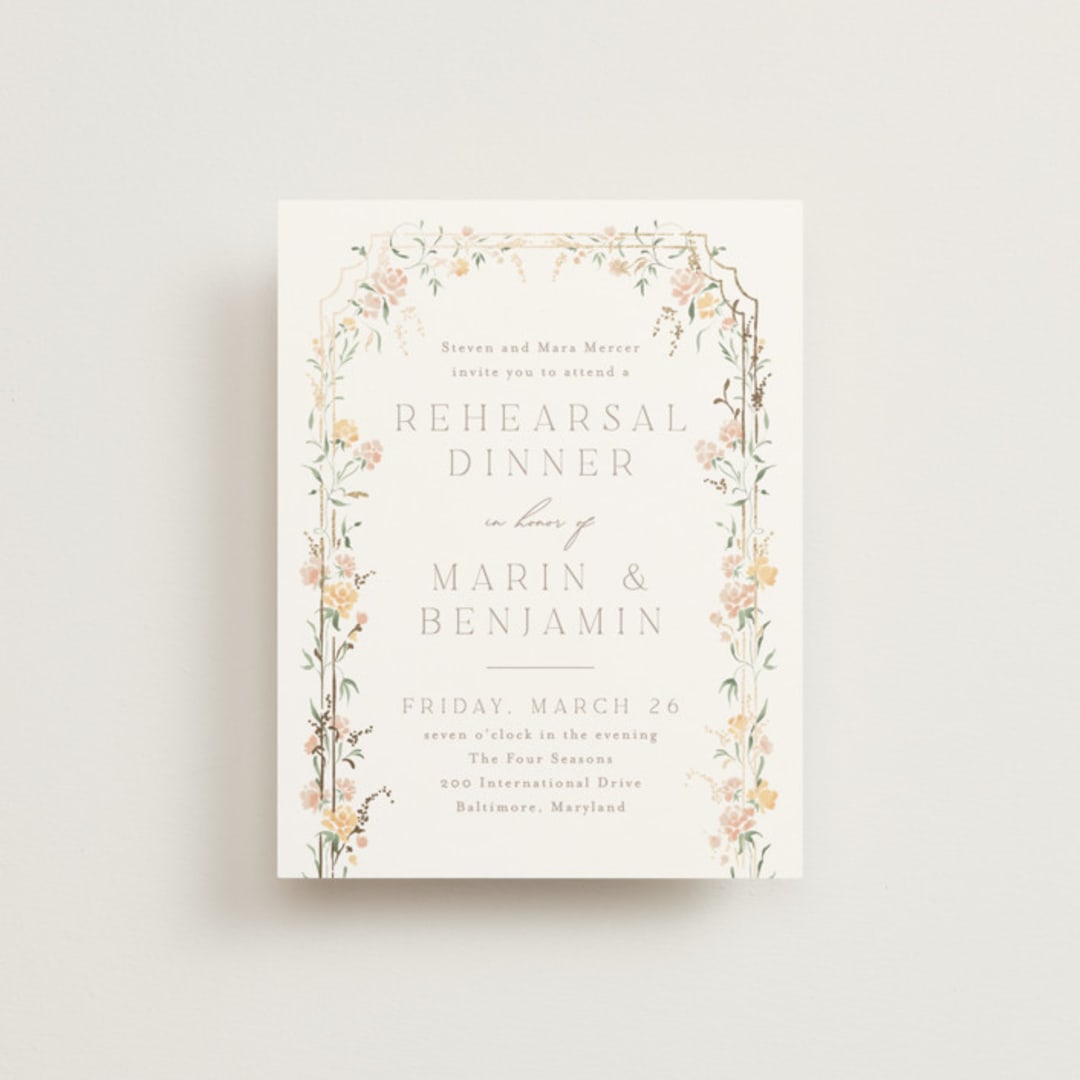 "Victorian Trellis" - Foil-Pressed Rehearsal Dinner Cards in Golden Summer by Erin L. Wilson - Front