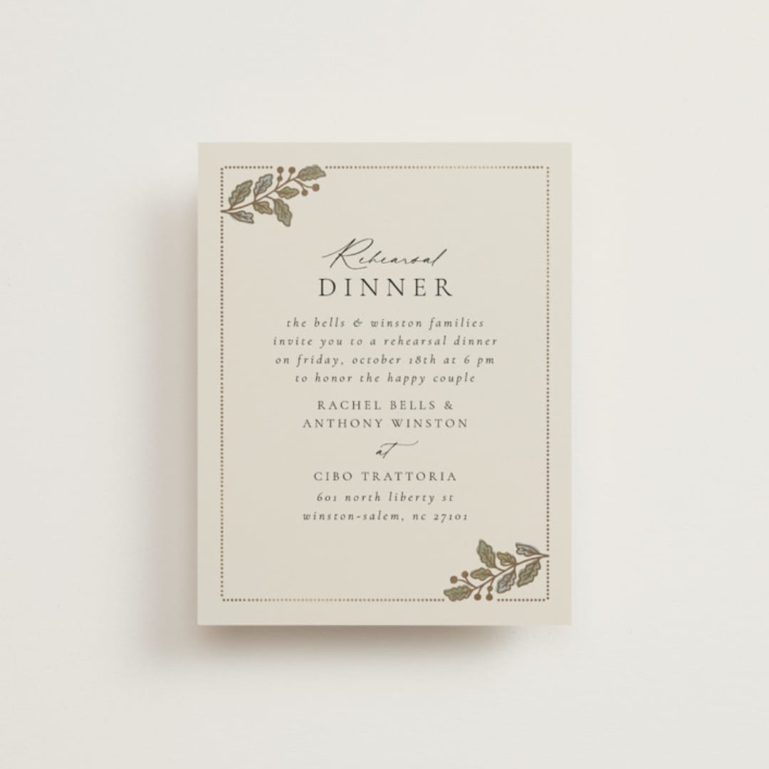 "Vine Wrap" - Foil-Pressed Rehearsal Dinner Cards in Fern by Jen Owens - Front