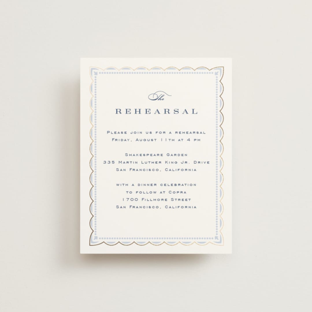 "Aurelia" - Foil-Pressed Rehearsal Dinner Cards in Dusty Blue by Janean Hinger - Front