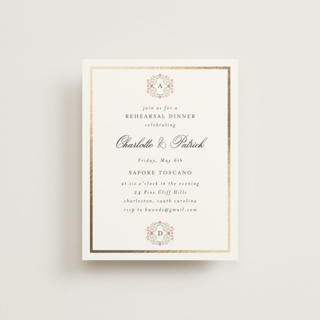 "Embrace" - Foil-Pressed Rehearsal Dinner Cards in Peony by Susan Moyal - Front