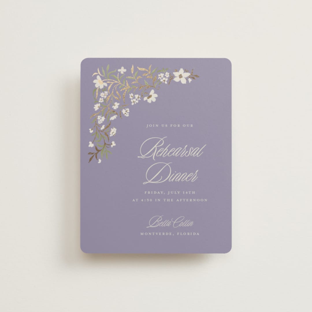 "FairyTale.." - Foil-Pressed Rehearsal Dinner Cards in Heather by Vera Lim - Front