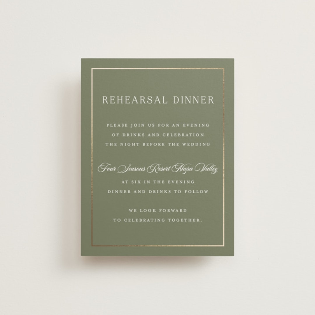 "Country Elegance" - Foil-Pressed Rehearsal Dinner Cards in Sage Green by Lucrecia Caporale - Front