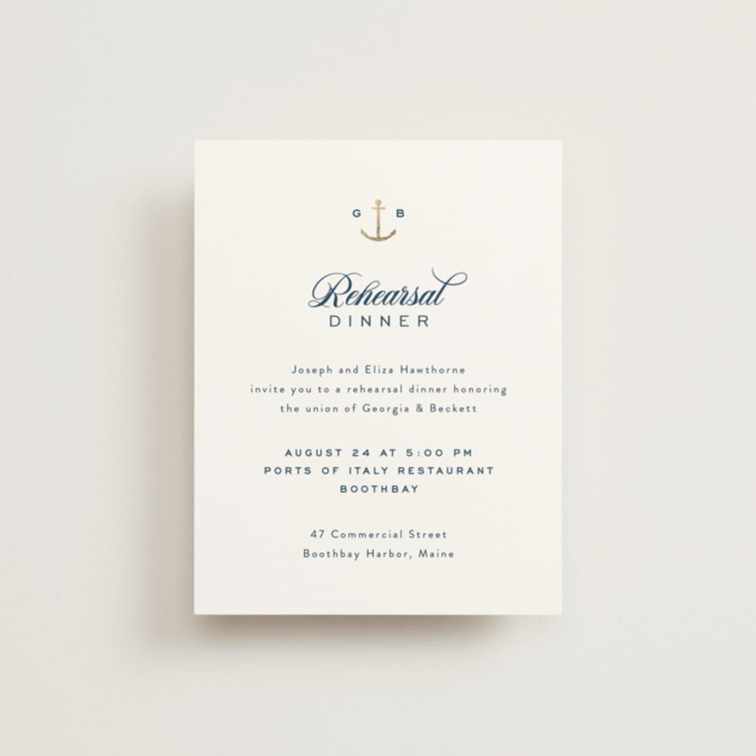 "Anchored" - Foil-Pressed Rehearsal Dinner Cards in Royal Navy by Olivia Raufman - Front