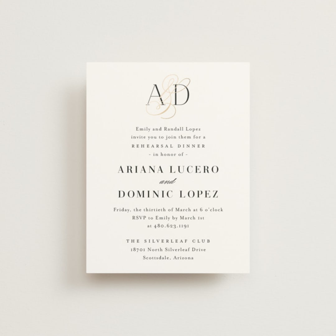 "Gilded Ampersand" - Foil-Pressed Rehearsal Dinner Cards in Cotton by Jennifer Postorino - Front