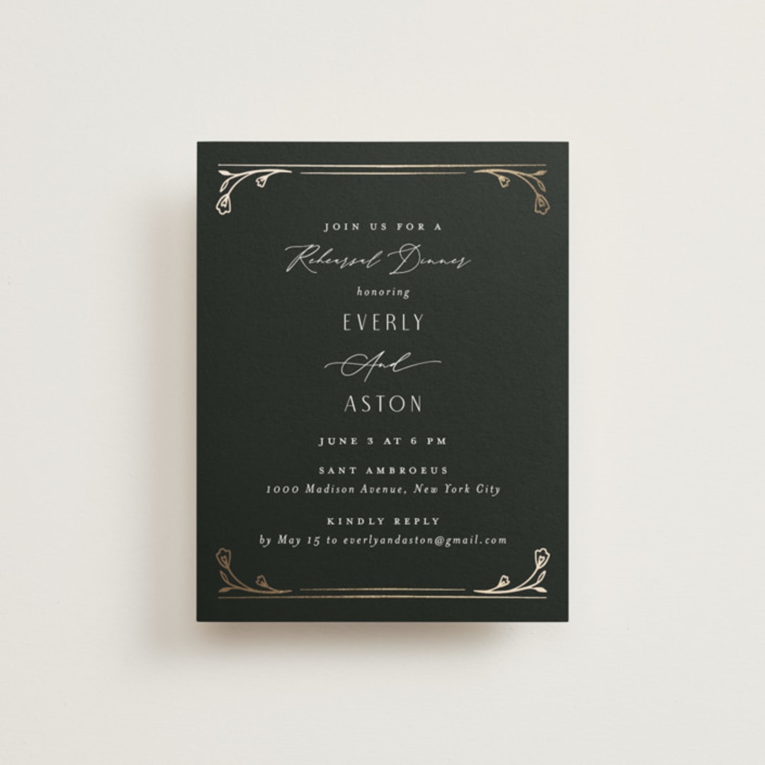 "Majesty" - Foil-Pressed Rehearsal Dinner Cards in Onyx by Nicoletta Savod - Front