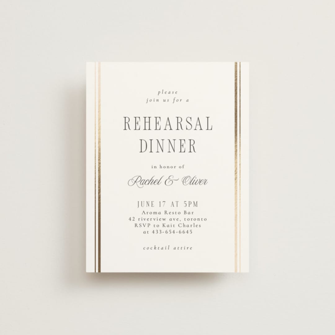"Side Stripe" - Foil-Pressed Rehearsal Dinner Cards in Pearl by Nicole Walsh - Front