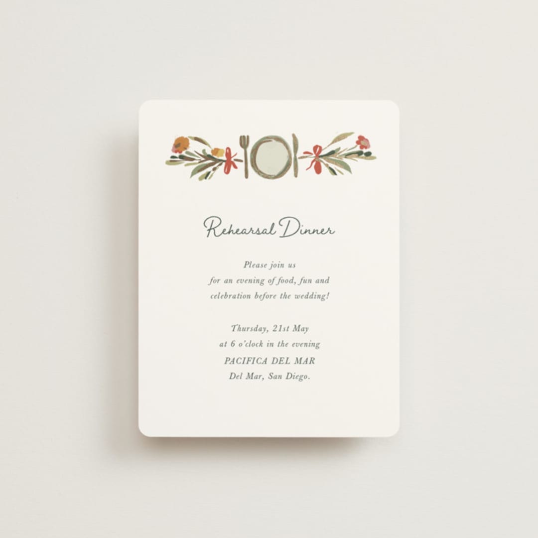 "Coastal Bloom" - Foil-Pressed Rehearsal Dinner Cards in Garden Green by Lucrecia Caporale - Front