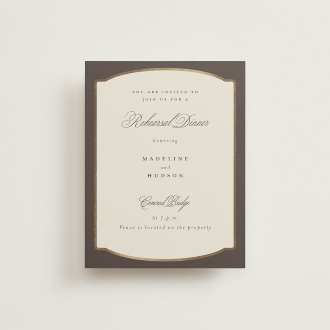 "Arch Frame" - Foil-Pressed Rehearsal Dinner Cards in Cognac by Emily Betts - Front