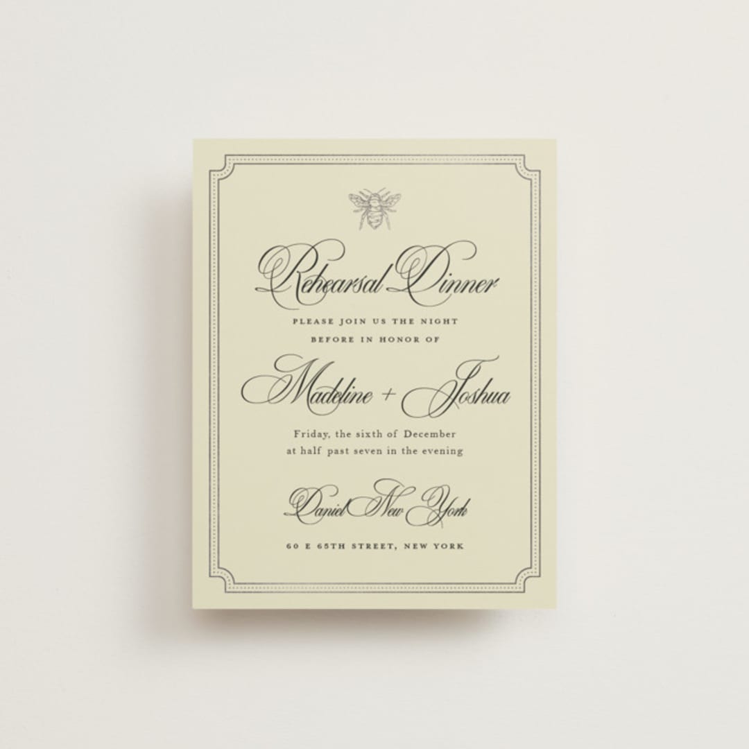 "Honeybee" - Foil-Pressed Rehearsal Dinner Cards in Cream by Jennifer Lew - Front