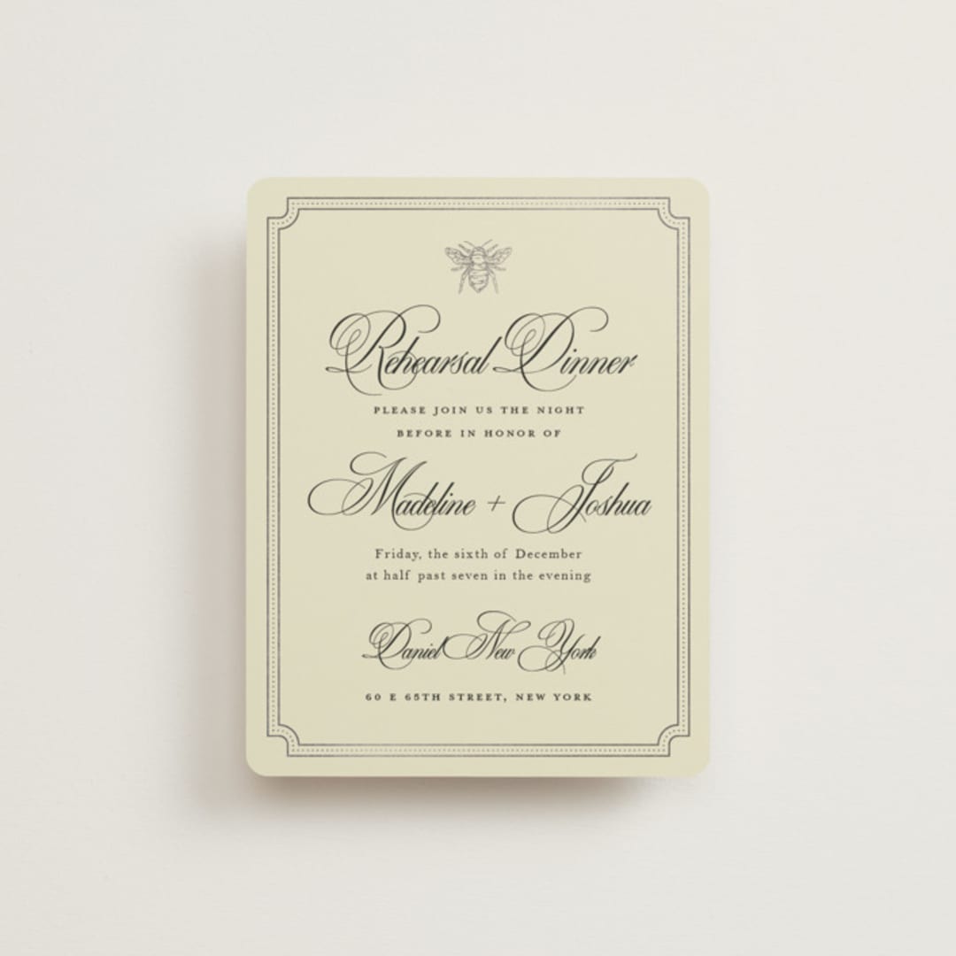 "Honeybee" - Foil-Pressed Rehearsal Dinner Cards in Cream by Jennifer Lew - Front