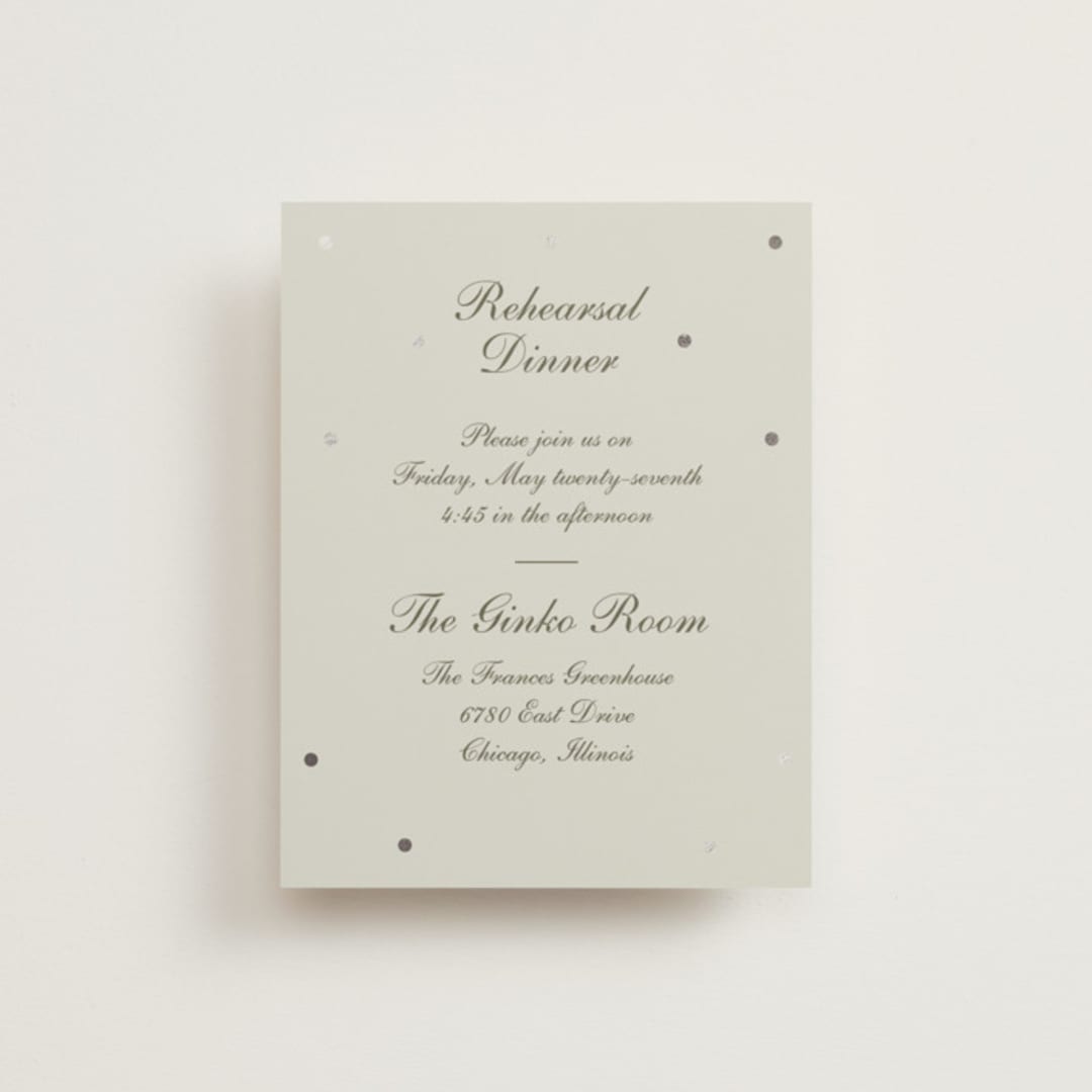 "Pearls" - Foil-Pressed Rehearsal Dinner Cards in Fog by Baumbirdy - Front