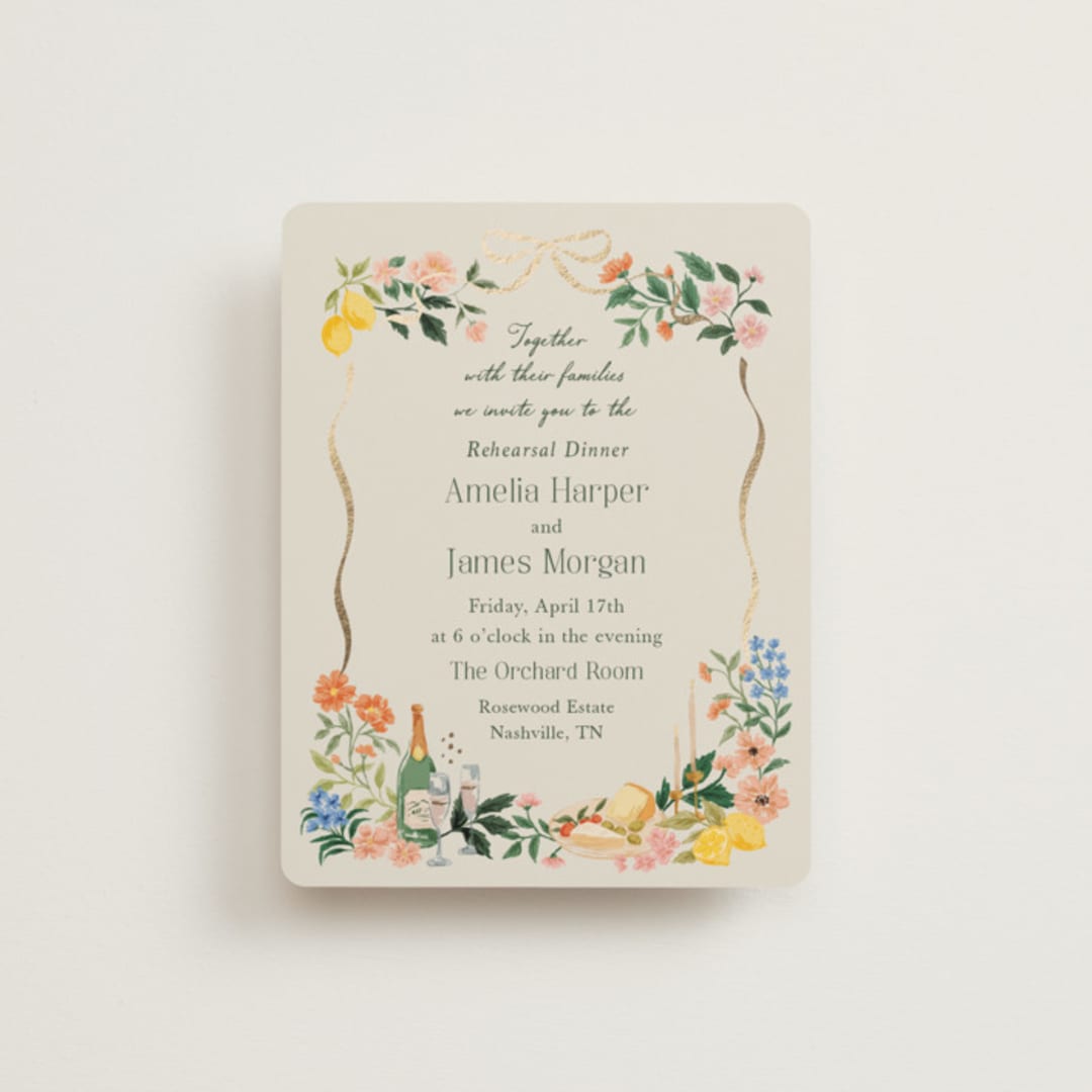 "Garden Feast" - Foil-Pressed Rehearsal Dinner Cards in Garden by Elly - Front