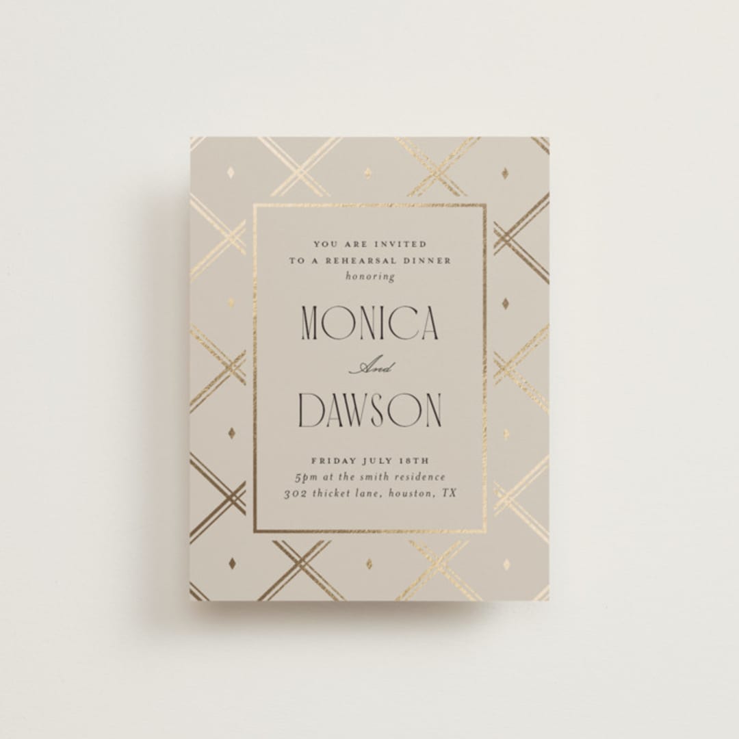 "Luxe Lines" - Foil-Pressed Rehearsal Dinner Cards in Champagne by Kristin Oliversen - Front