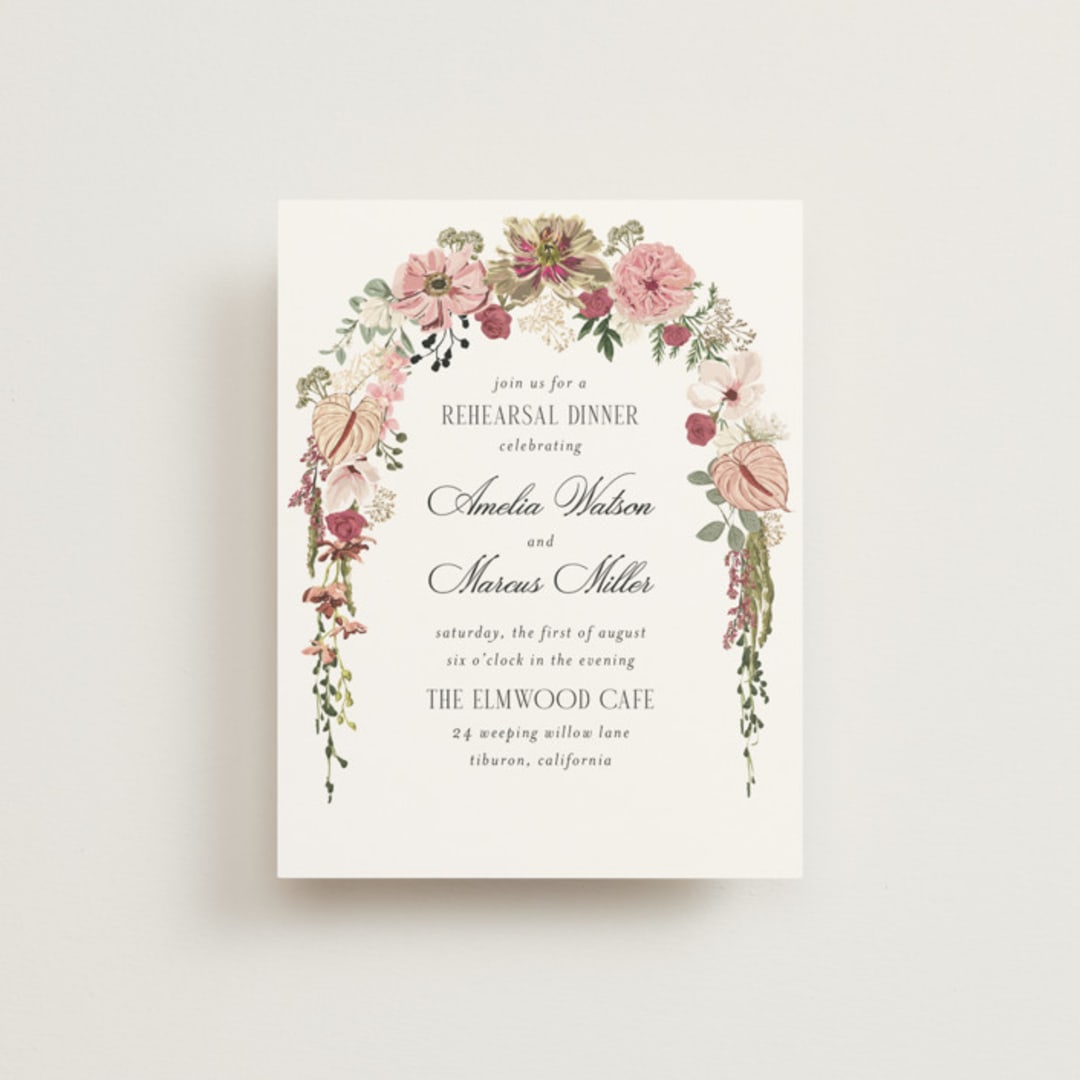 "Flouriishing" - Foil-Pressed Rehearsal Dinner Cards in Blush by Susan Moyal - Front