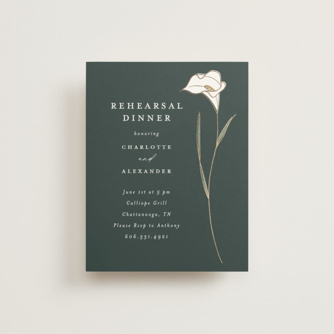 "Elegant Lillies" - Foil-Pressed Rehearsal Dinner Cards in Forest by Stacey Meacham - Front