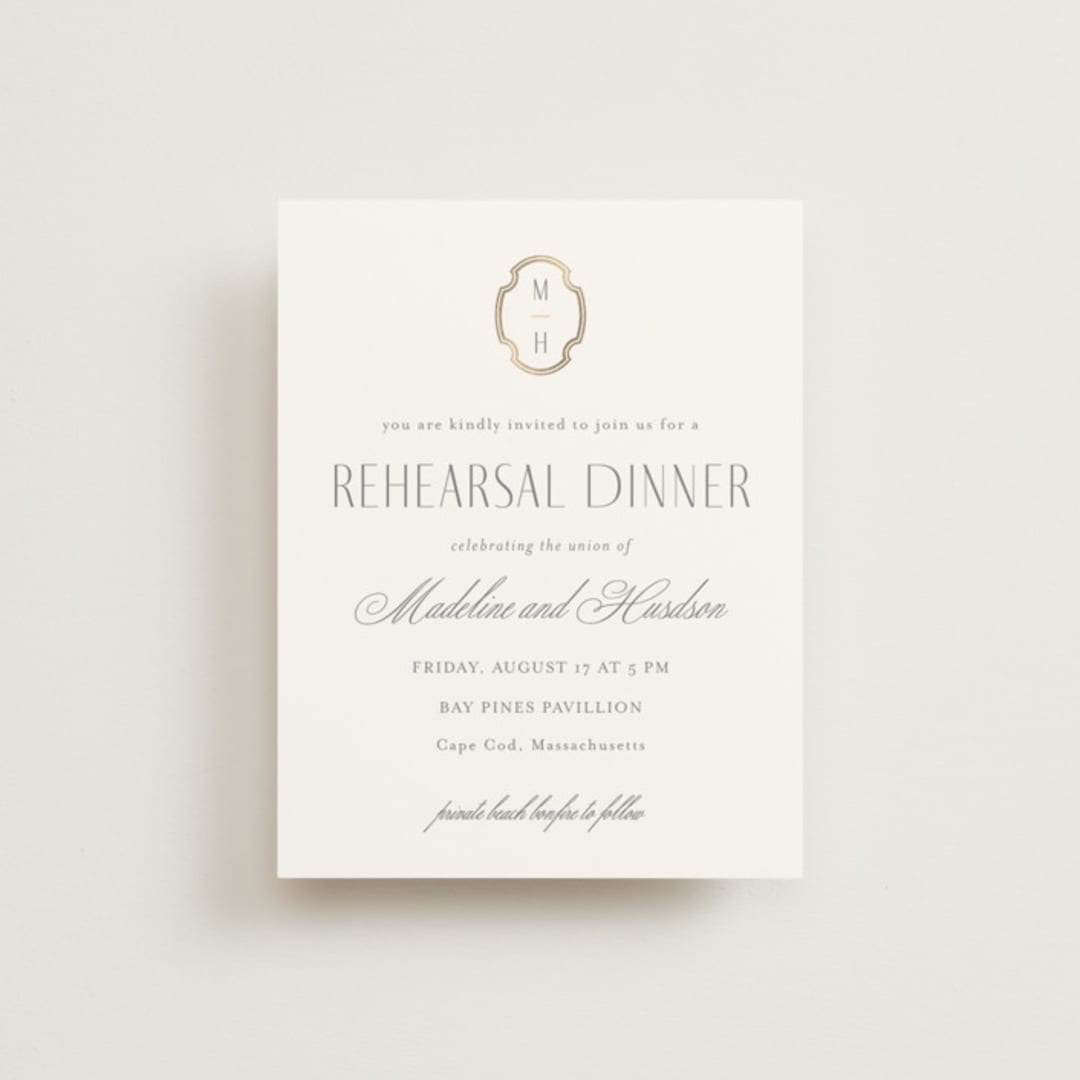 "Monatuk" - Foil-Pressed Rehearsal Dinner Cards in Fog by Ashlee Townsend - Front