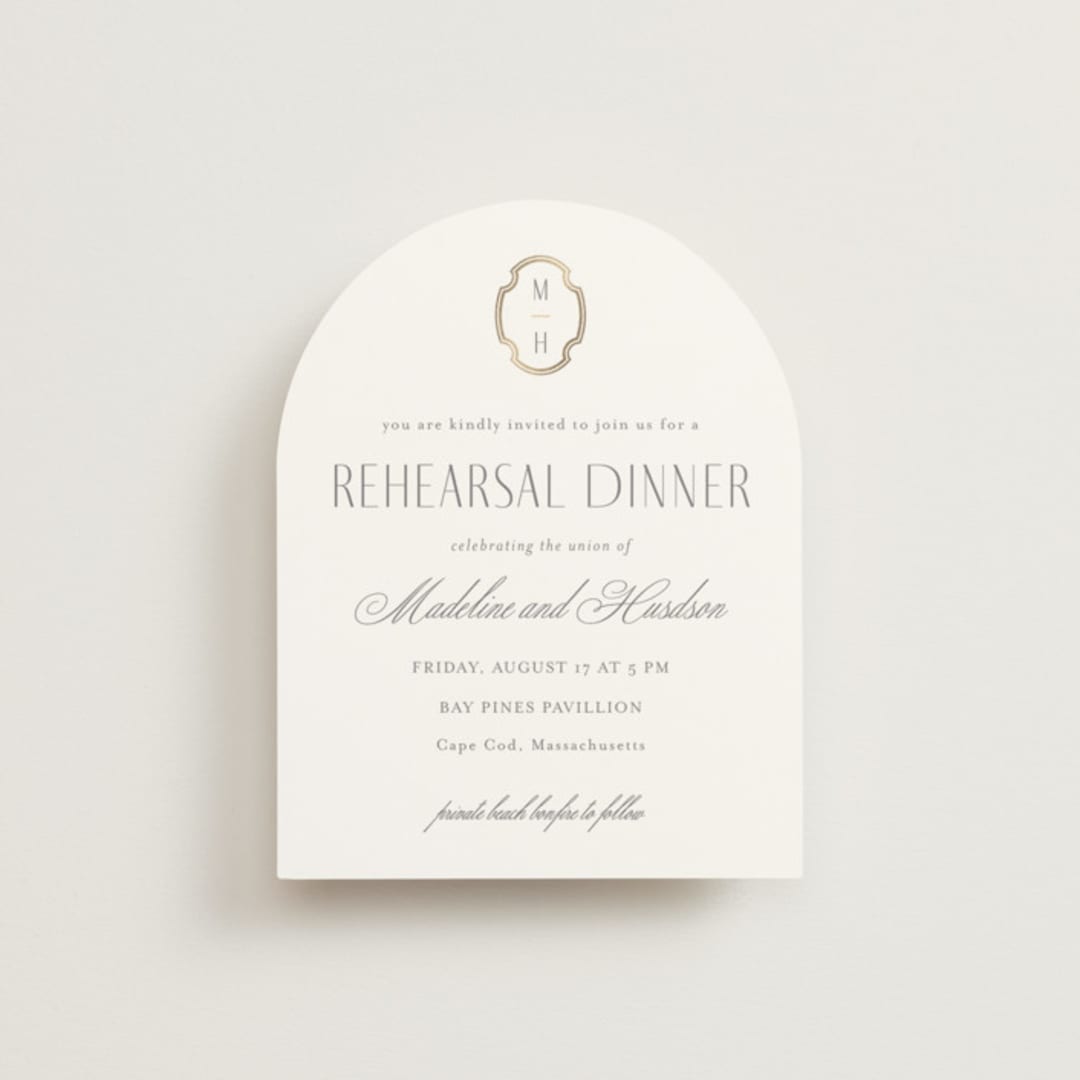 "Monatuk" - Foil-Pressed Rehearsal Dinner Cards in Fog by Ashlee Townsend - Front